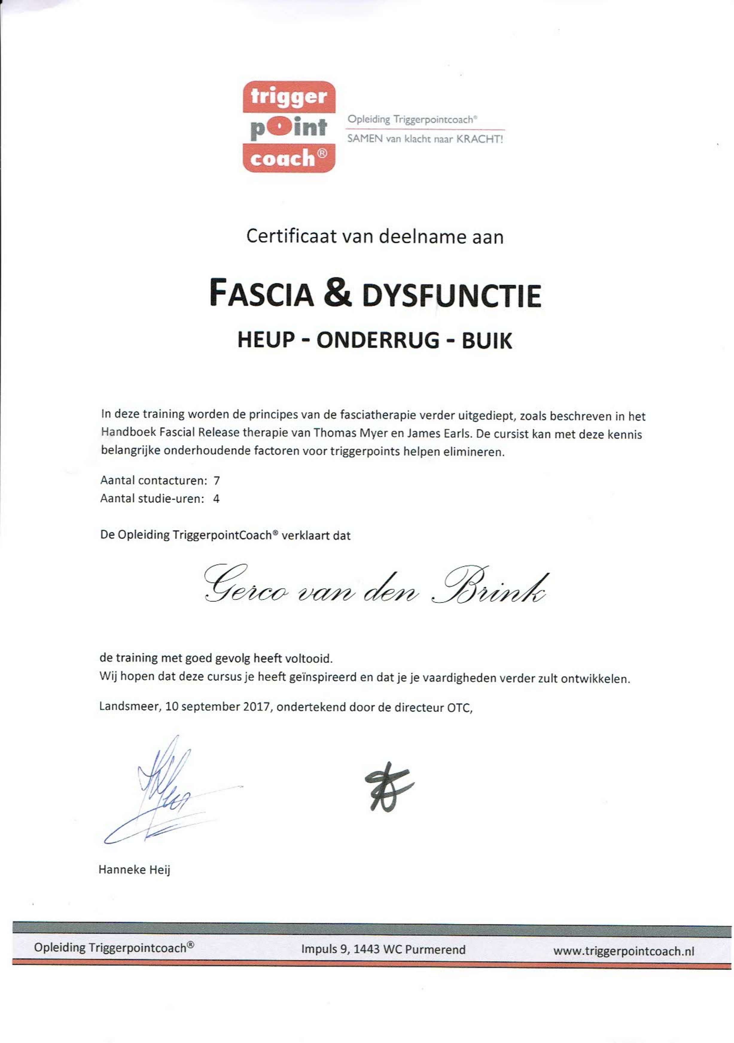 Certificaat Fascia & Dysfunctie Heup, Onderrug, Buik
